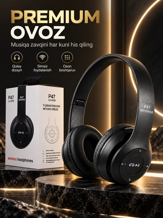 Stereo ovoz, TF karta, AUX va mikrofonli P47 Bluetooth simsiz quloqchinlari - 