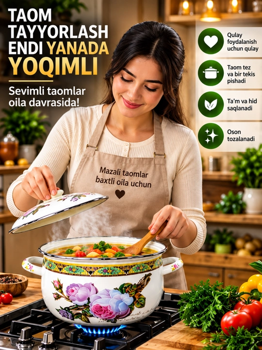 Emalli kastryula, kastryula to‘plami, emallangan idishlar, 5 dona kastryula