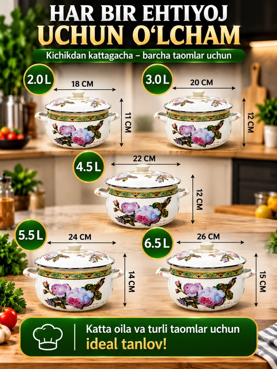 Emalli kastryula, kastryula to‘plami, emallangan idishlar, 5 dona kastryula