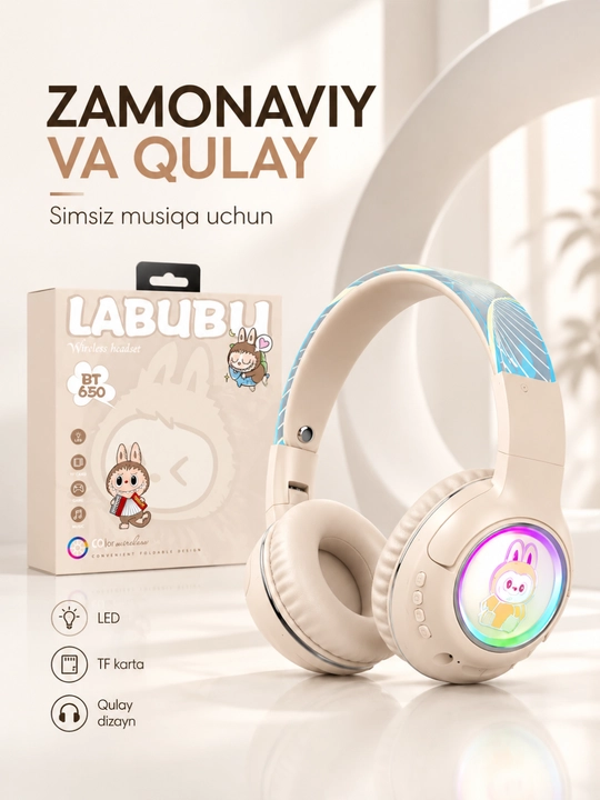 LABUBU BT650 Simsiz Bluetooth 5.3 Naushnik, RGB LED, Mikrofon, TF Karta, Stereo - 