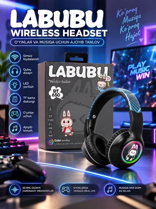 LABUBU BT650 Simsiz Bluetooth 5.3 Naushnik, RGB LED, Mikrofon, TF Karta, Stereo - 