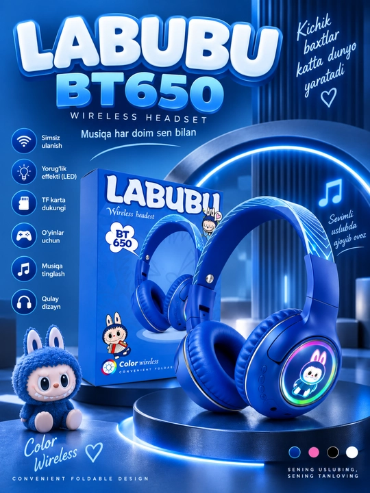 LABUBU BT650 Simsiz Bluetooth 5.3 Naushnik, RGB LED, Mikrofon, TF Karta, Stereo - 