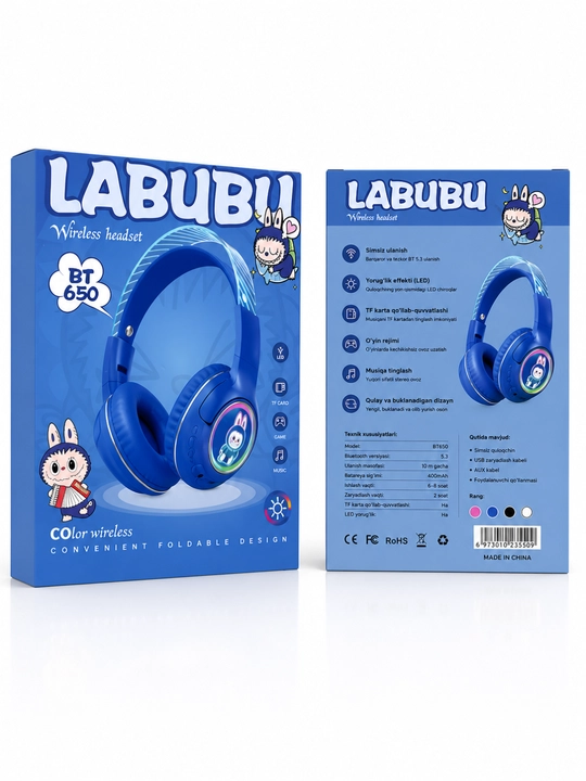 LABUBU BT650 Simsiz Bluetooth 5.3 Naushnik, RGB LED, Mikrofon, TF Karta, Stereo