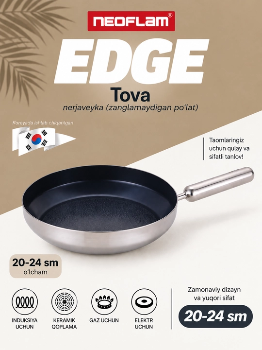 NEOFLAM EDGE Tova, zanglamaydigan po‘latdan, induksion, keramik, qopqoqsiz - 