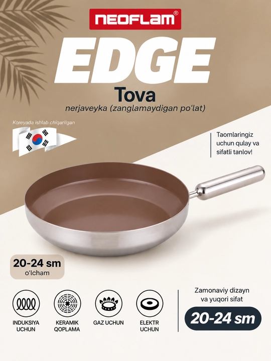 NEOFLAM EDGE Tova, zanglamaydigan po‘latdan, induksion, keramik, qopqoqsiz - 