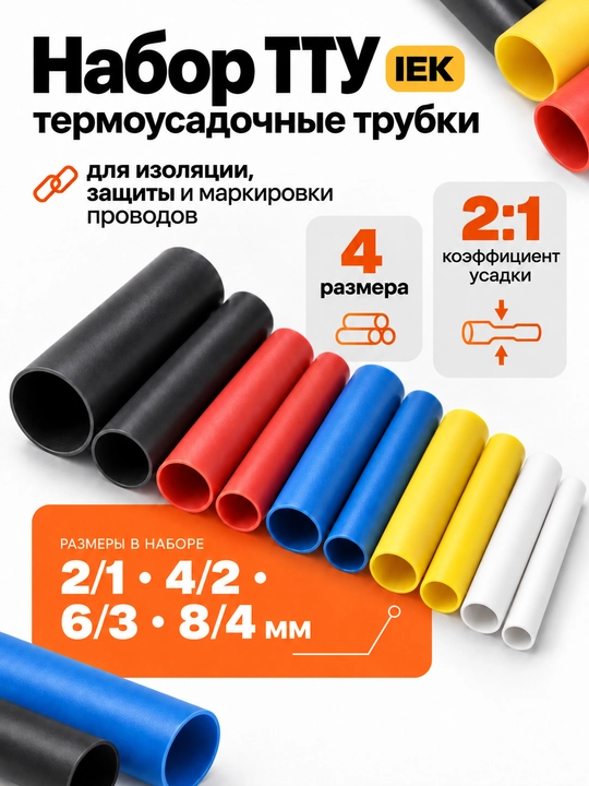 Набор ТТУ IEK 2/1, 4/2, 6/3, 8/4, термоусадочные трубки - 