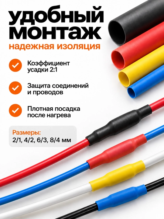 Набор ТТУ IEK 2/1, 4/2, 6/3, 8/4, термоусадочные трубки