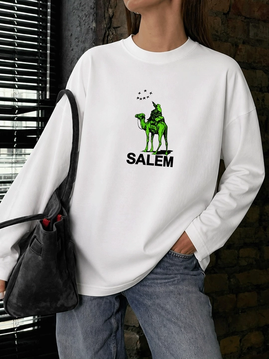MICONIC oq oversayz longsliv, neon Salem printi bilan