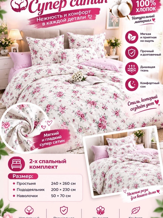 Choyshablar toʻplami ikki kishilik super satin, paxta - 