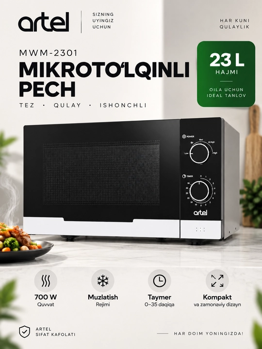 Mikroto‘lqinli pech MWM-2301, qora rang (23 l) - 