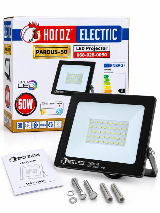 LED proyektor 50W, tashqi yoritgich, PARDUS-50, HOROZ, 6400K, IP65, hovli chirog‘i