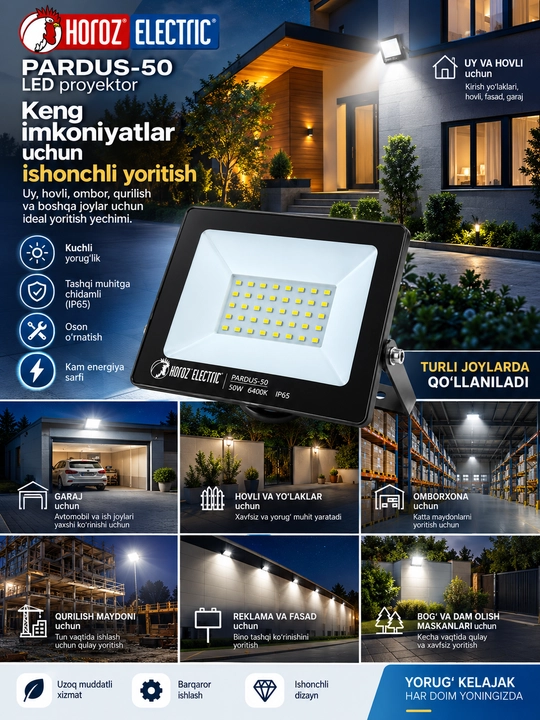LED proyektor 50W, tashqi yoritgich, PARDUS-50, HOROZ, 6400K, IP65, hovli chirog‘i - 