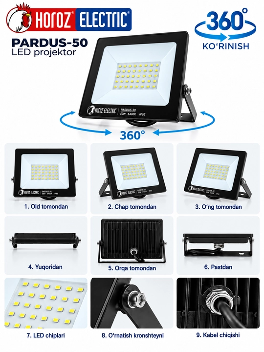 LED proyektor 50W, tashqi yoritgich, PARDUS-50, HOROZ, 6400K, IP65, hovli chirog‘i