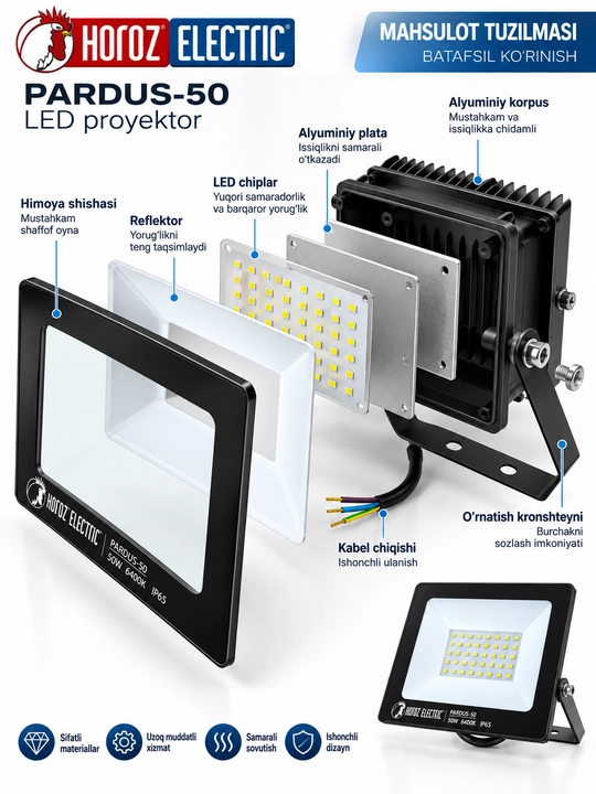 LED proyektor 50W, tashqi yoritgich, PARDUS-50, HOROZ, 6400K, IP65, hovli chirog‘i