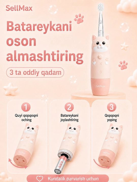 Bolalar uchun elektr tish cho‘tkasi, tovushli, 1–5 yosh, 4 rejim, 2 nasadka