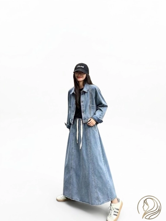Ayollar uchun zamonaviy jinsi kostyum "Dvoyka" (Kalta jaket va uzun yubka) — Casual Style