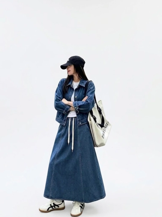 Ayollar uchun zamonaviy jinsi kostyum "Dvoyka" (Kalta jaket va uzun yubka) — Casual Style