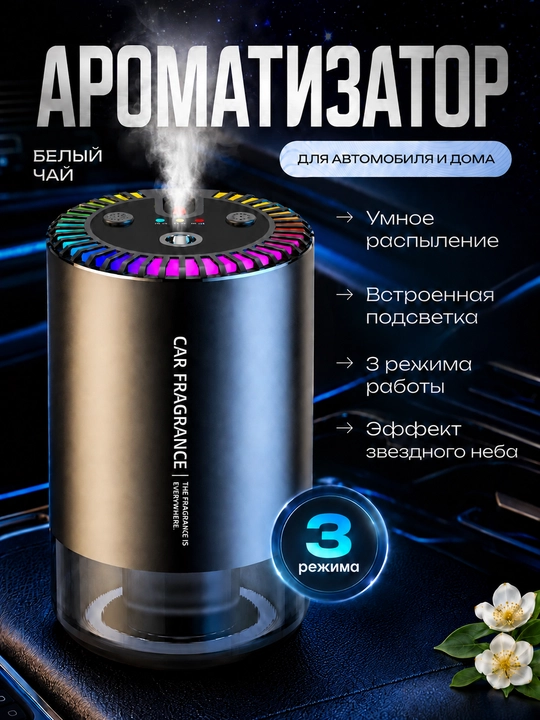 Автомобильный ароматизатор-диффузор с автозапуском и подсветкой, чёрный - 