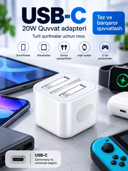 20W 35W USB-C quvvat adapteri va kabel komplekti, tez zaryadlovchi, telefonlar uchun qulay