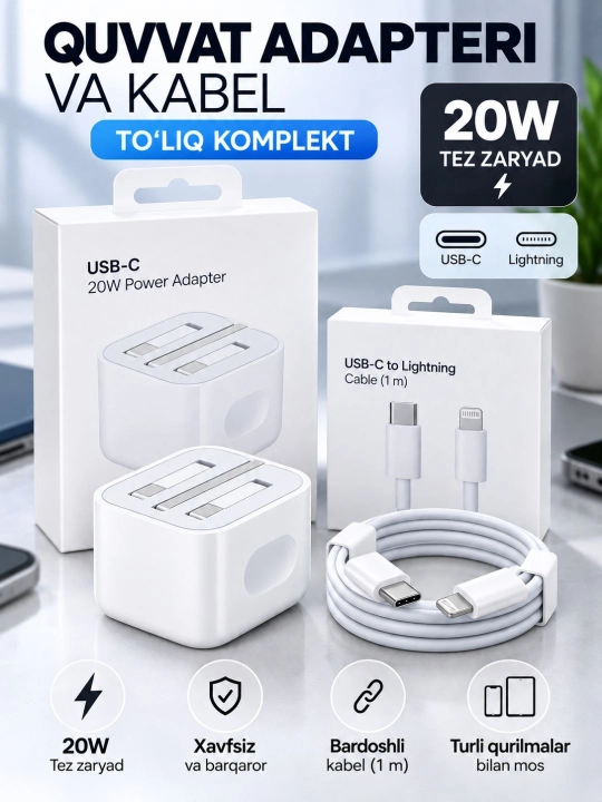 20W 35W USB-C quvvat adapteri va kabel komplekti, tez zaryadlovchi, telefonlar uchun qulay