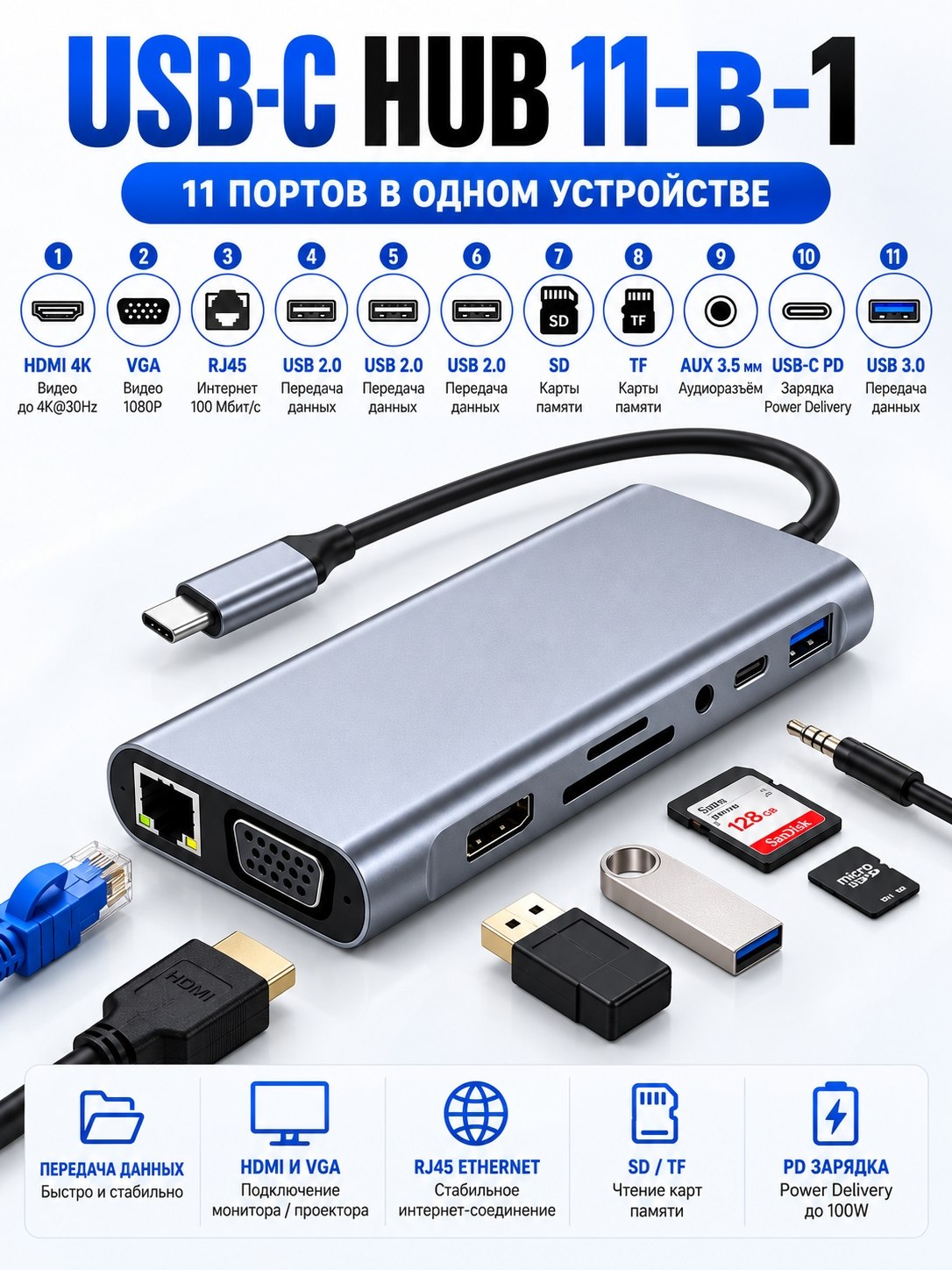 USB HUB 3.0 Type A+C с 4 портами, USB - адаптер концентратор, переходник