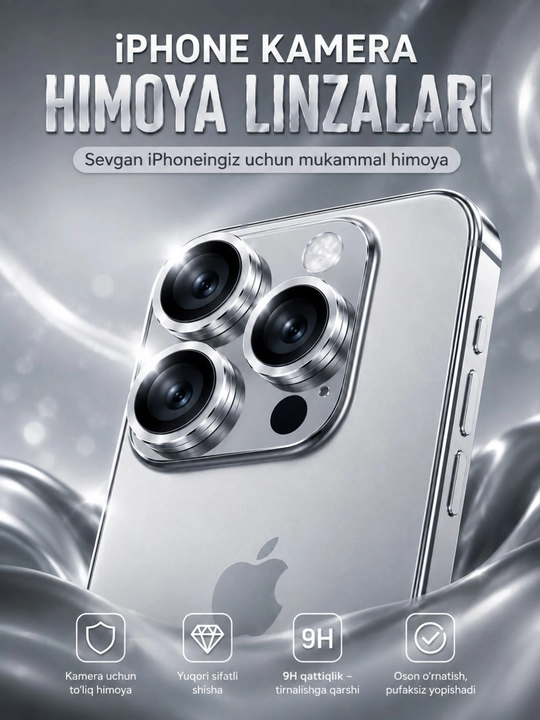 Kamera uchun himoya oyna iPhone 13 Pro, 11, 12, 14, 15, 16, 17 Pro/Pro Max g`ilof - 