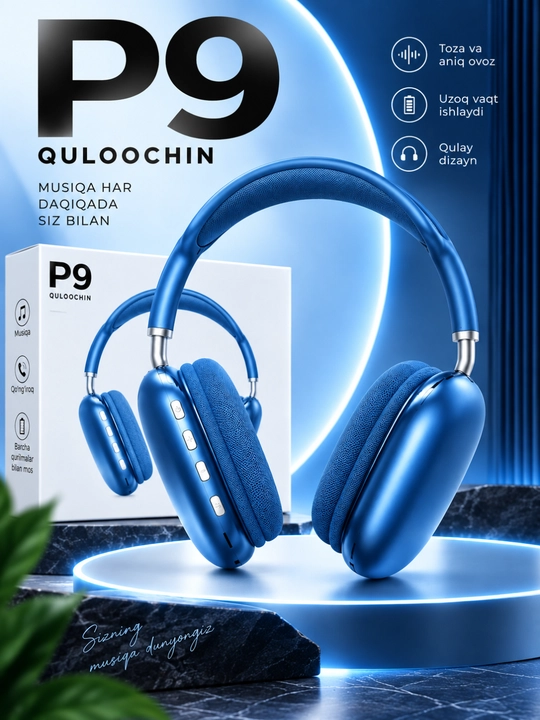 P9 Simsiz Quloqchin, Qora, Stereo Ovoz, Musiqa va Qo‘ng‘iroqlar uchun - 