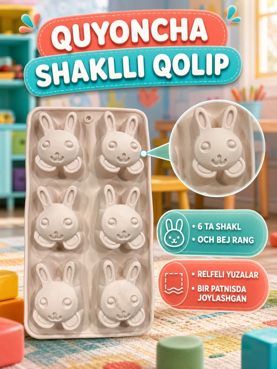 Silikonli muz va shokolad uchun quyonchalar shaklidagi qolip, 6 katakli - 