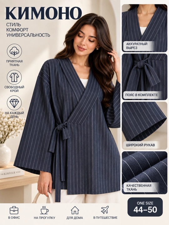 Ayollar uchun yo‘l-yo‘l kimono, belbog‘li, erkin bichim, universal o‘lcham - 