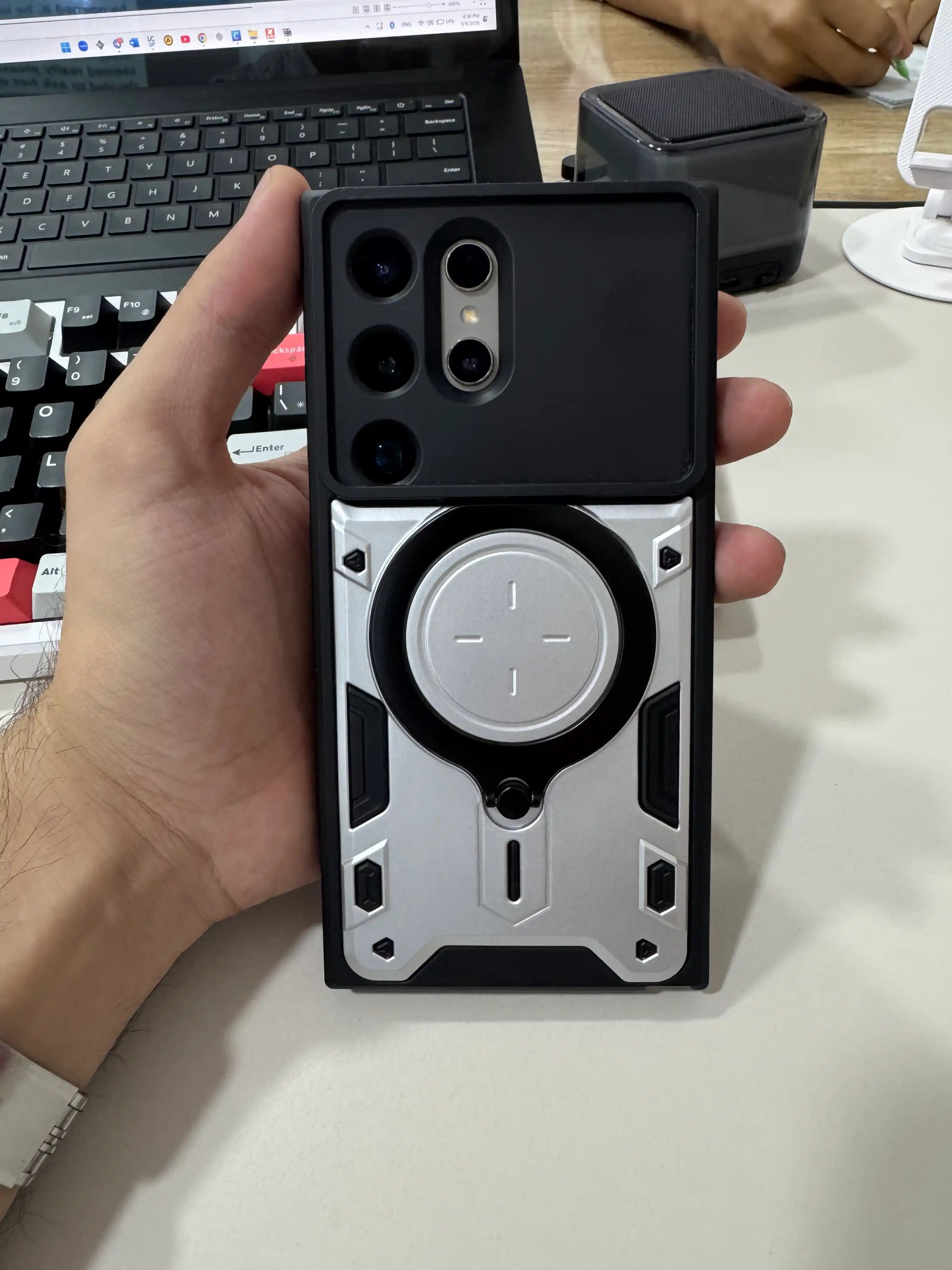 Samsung Galaxy S Ultra uchun zarbaga chidamli, halqali stendli va kamera himoyali g‘ilof