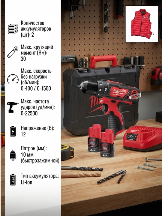 Аккумуляторная ударная дрель - шуруповерт Milwaukee M12 BPDMC-202С - 