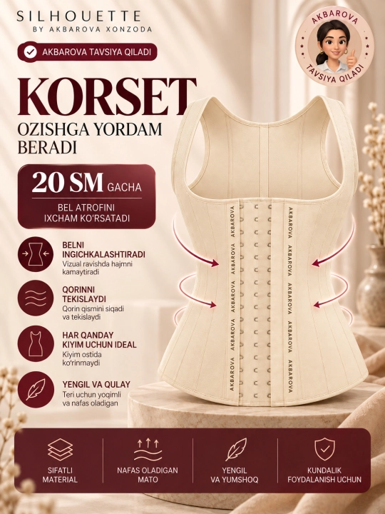 Ozdiruvchi tortuvchi lyamkali korset, qorin, bel va orqa uchun, Akbarova Xonzoda - 