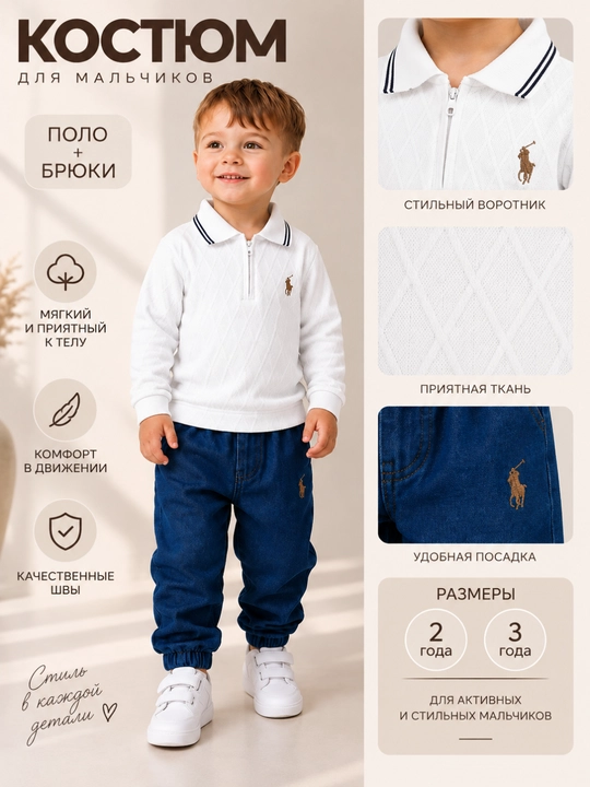 Детский комплект для мальчика 2–3 лет — джемпер-поло на молнии и брюки