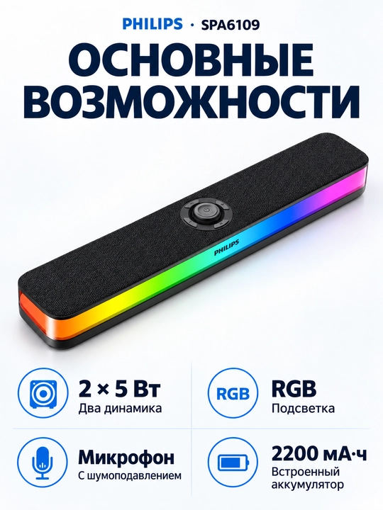Саундбар для компьютера Philips, регулировка подсветки RGB / Bluetooth