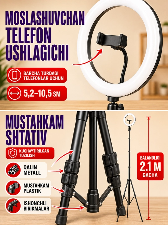 Selfi lampasi, halqali, RGB, LED, shtativ bilan, 210 sm