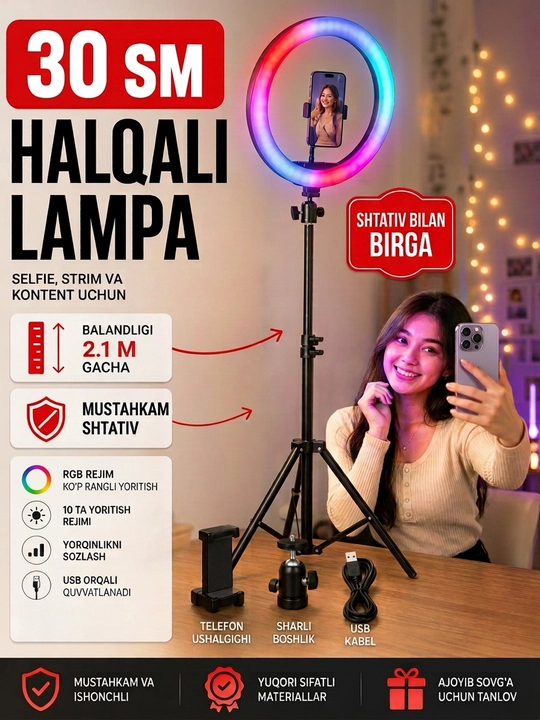 Selfi lampasi, halqali, RGB, LED, shtativ bilan, 210 sm