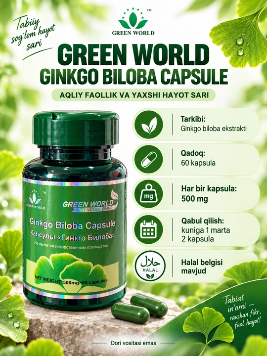 Green World Ginkgo Biloba, БАД для памяти и умственной активности, 500 мг, 60 капсул