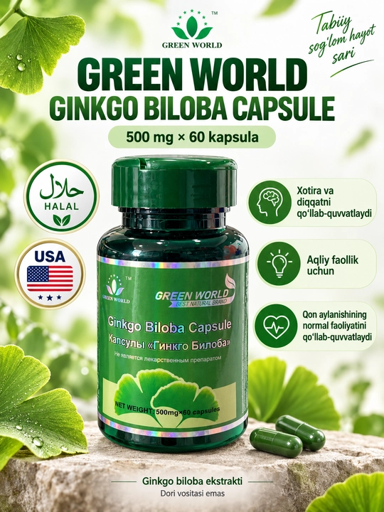 Green World Ginkgo Biloba, БАД для памяти и умственной активности, 500 мг, 60 капсул - 