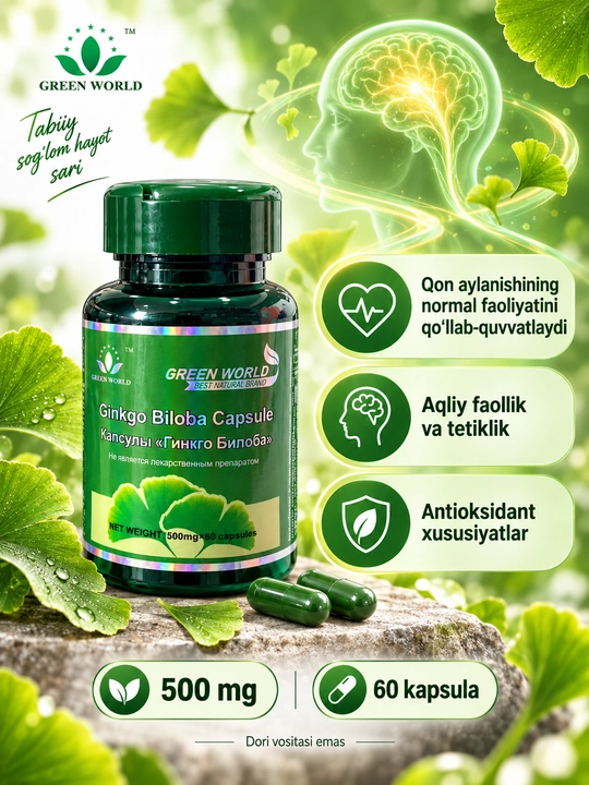 Green World Ginkgo Biloba, БАД для памяти и умственной активности, 500 мг, 60 капсул