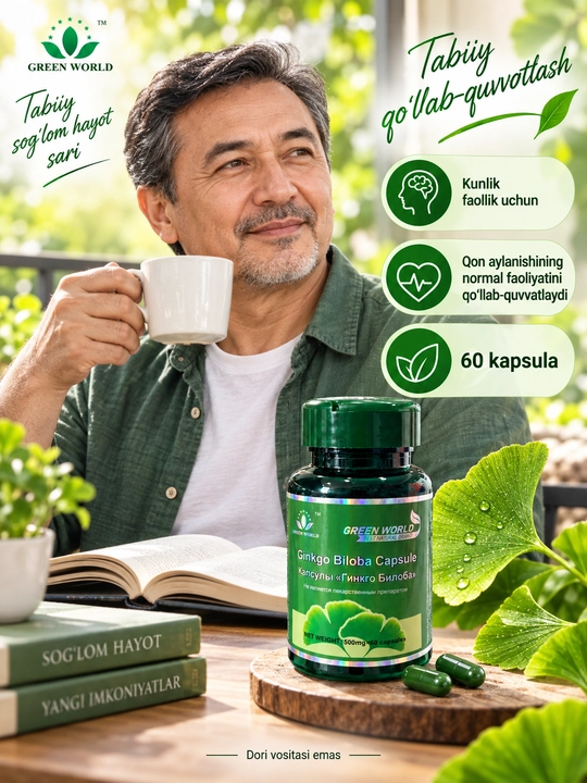 Green World Ginkgo Biloba, БАД для памяти и умственной активности, 500 мг, 60 капсул