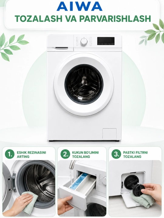 AIWA avtomat kir yuvish mashinasi 7 kg, frontal yuklash, displeyli, oq