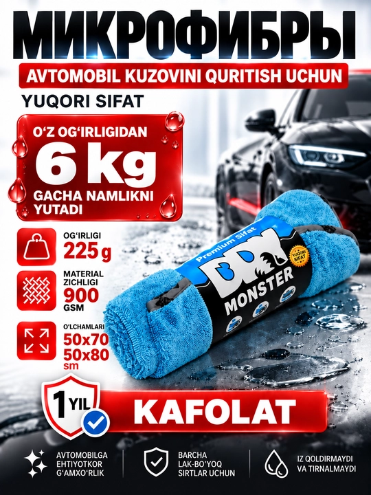 Полотенце из микрофибры, для сушки кузова автомобиля, Dry Monster - 