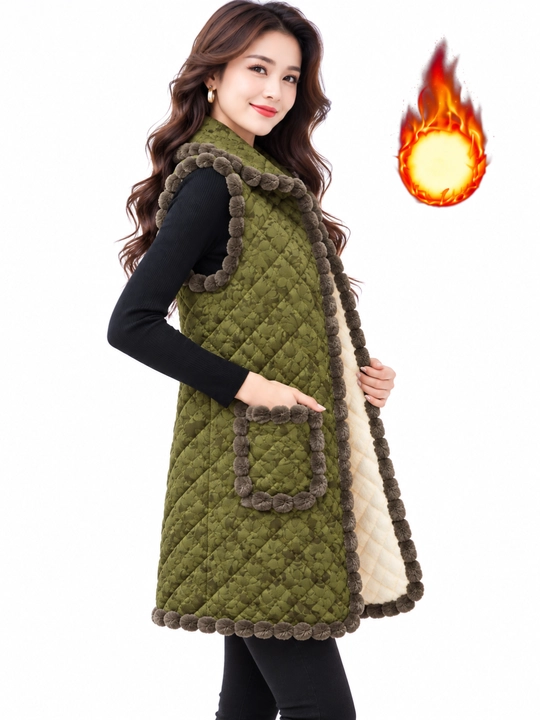 Ayollar uchun eko-mo‘ynadan tikilgan issiq nimcha, qavilgan yengsiz ko‘ylak, 2XL–5XL