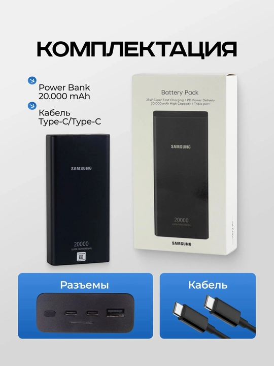 SAMSUNG 20000 mAh, быстрая зарядка usb, быстрая зарядка pd 25 Вт