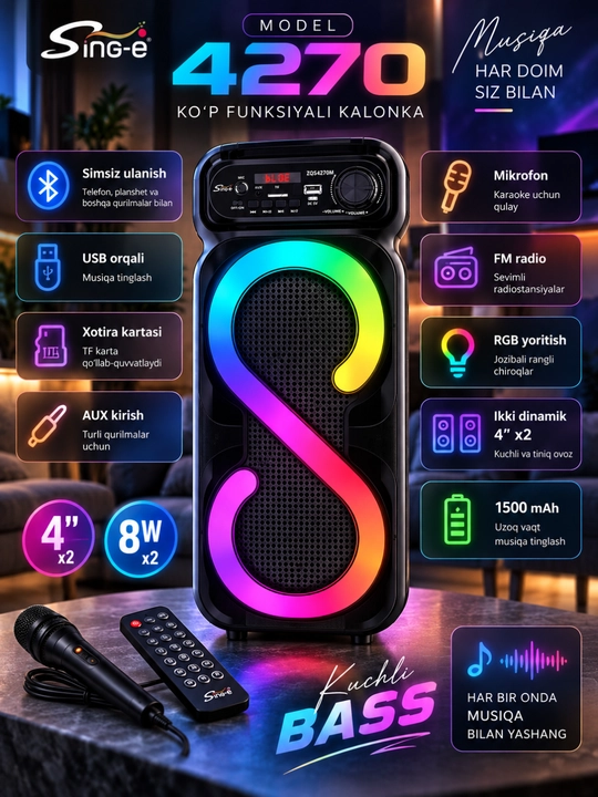 4270 Simsiz Kolonka, RGB Chiroqli, Mikrofon va Pult bilan, USB, TF, AUX, FM