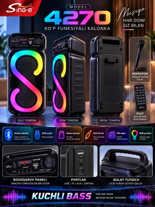 4270 Simsiz Kolonka, RGB Chiroqli, Mikrofon va Pult bilan, USB, TF, AUX, FM