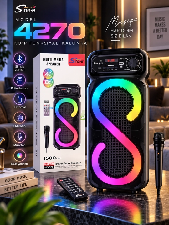 4270 Simsiz Kolonka, RGB Chiroqli, Mikrofon va Pult bilan, USB, TF, AUX, FM - 