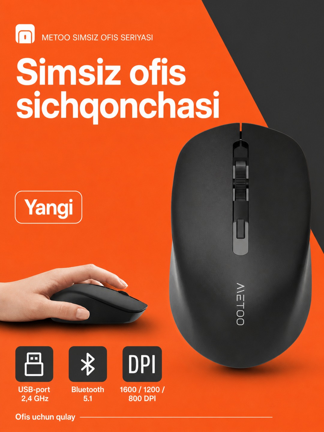 Simsiz sichqoncha METOO E0, Bluetooth 5.1 va 2.4G, qora - 
