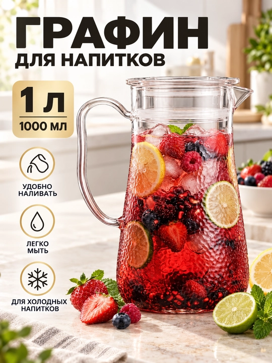 Akril grafin 1,5L qopqoqli suv sharbat kompot limonad uchun issiqqa chidamli ko'za - 