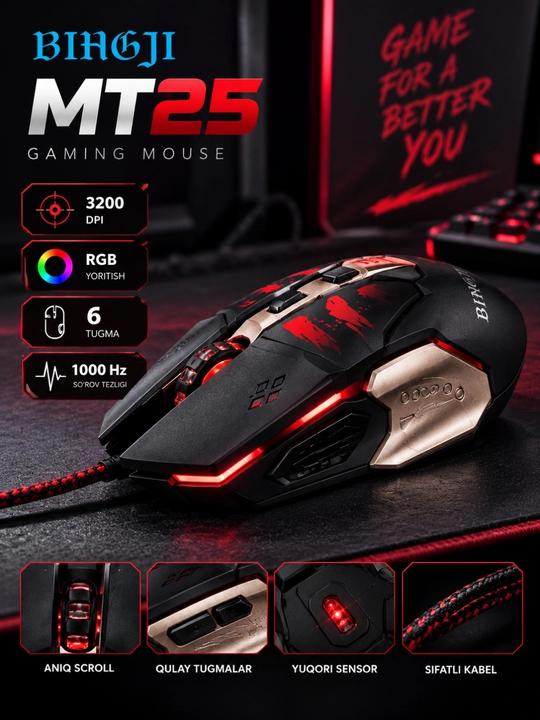 BINGJI MT25 игровая мышь, RGB подсветка, 6 кнопок, 3200 DPI, проводная